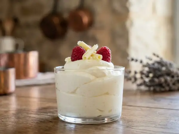 Délicieuse mousse au chocolat blanc, aérienne et légère, garnie de framboises fraîches et de copeaux de chocolat blanc.