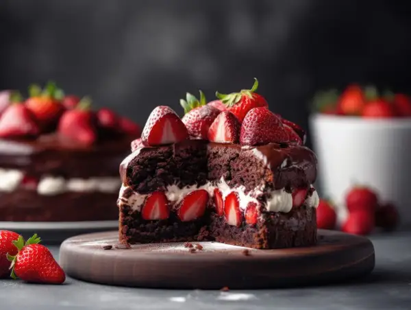 Gâteau au chocolat, fraises et mascarpone, une tranche généreuse garnie de fruits rouges frais et d'une crème onctueuse.