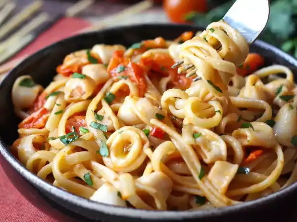 Une assiette de pâtes aux calamars italienne, garnie de persil frais et de morceaux de tomates. Une fourchette soulève une portion de ce plat savoureux.