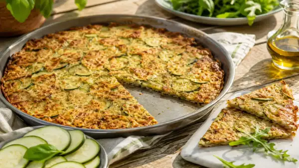 Une délicieuse scarpaccia de courgettes, dorée et garnie de fromage râpé, est servie sur une table en bois ensoleillée.