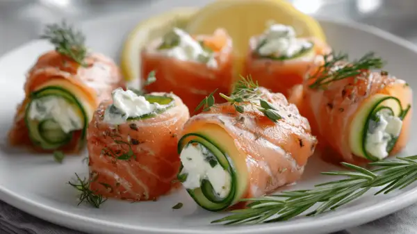 Rouleaux de saumon fumé et concombre, garniture crémeuse, herbes fraîches. Une entrée raffinée à préparer la veille pour un repas élégant.