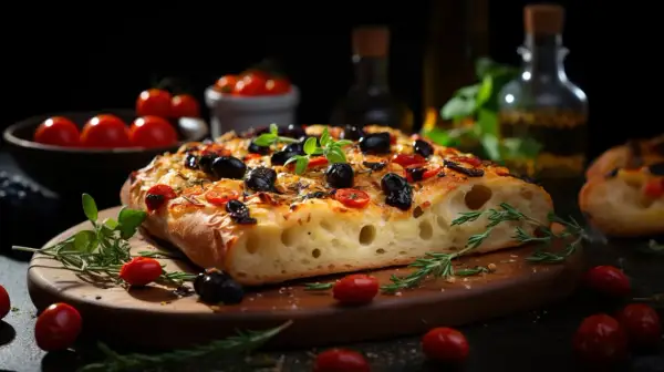 Une focaccia barese appétissante, garnie d'olives noires et de tomates cerises, sur une planche en bois avec du romarin frais.
