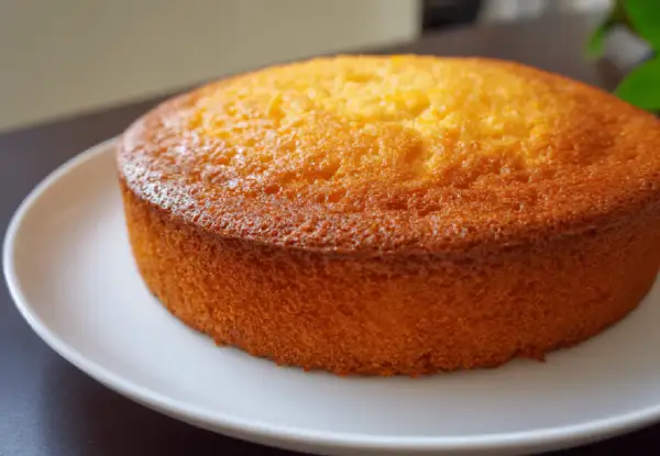 Un délicieux gâteau mandarine, doré et moelleux, posé sur une assiette blanche. Parfait pour le goûter.