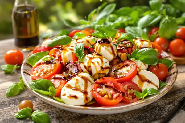 Une délicieuse salade italienne Caprese, avec des tomates fraîches, de la mozzarella et du basilic, arrosée d'une vinaigrette balsamique.