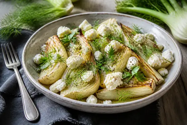 Une délicieuse recette fenouil rôti, garnie de fromage frais et d'herbes fraîches, prête à être dégustée.