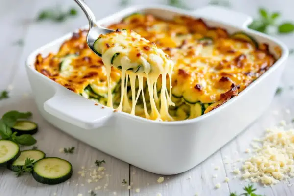 Une cuillère soulève une portion généreuse de gratin de légumes, révélant des courgettes fondantes sous une croûte de fromage doré et filant.