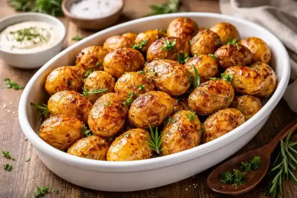 Pommes de terre grenaille dorées et croustillantes, préparées à l'airfryer, garnies de romarin frais. Un délice !