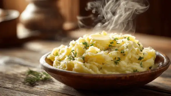 Un délicieux écrasé de pomme de terre fumant, garni de beurre et d'herbes fraîches, dans un bol en bois rustique.